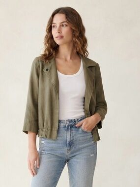 Cropped Olive Green Lightweight Notch-Collar Blazer